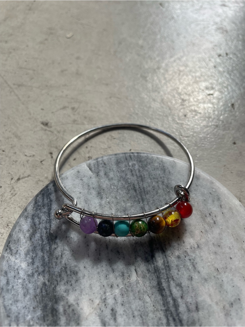 Multi-Bead Silver-Tone Chakra Bangle Bracelet - Red, Purple, Blue, Green Beads